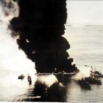 Aerial view boats fighting AO59 fire -colorized